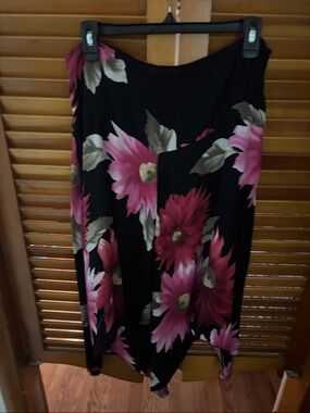 Black A-Line Floral Midi Skirt with Pink Bloom Print